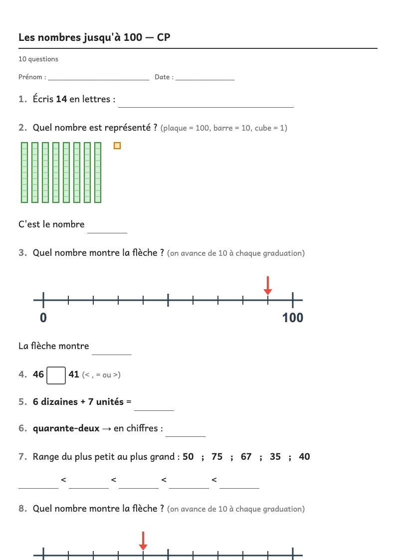 Les nombres — CP : fiches d'exercices à imprimer