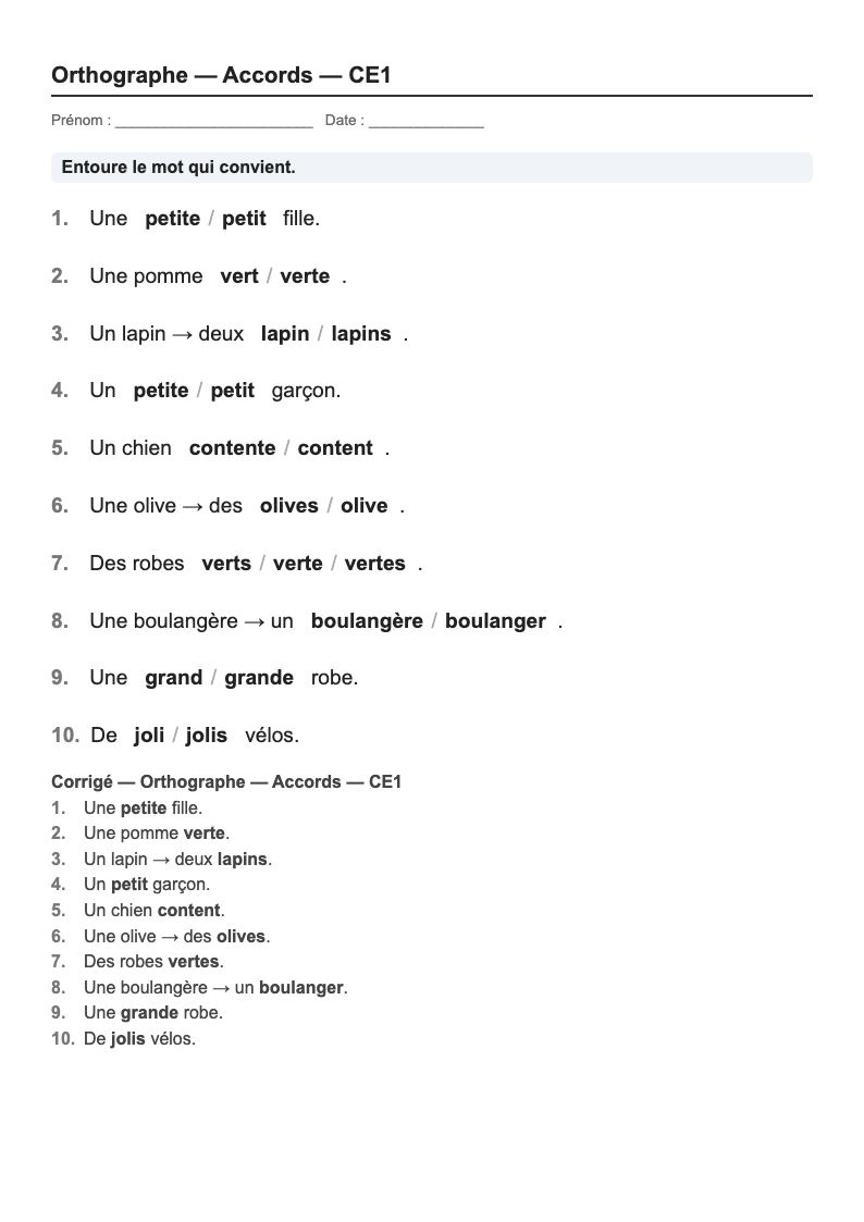Orthographe — CE1 : fiches d'exercices à imprimer