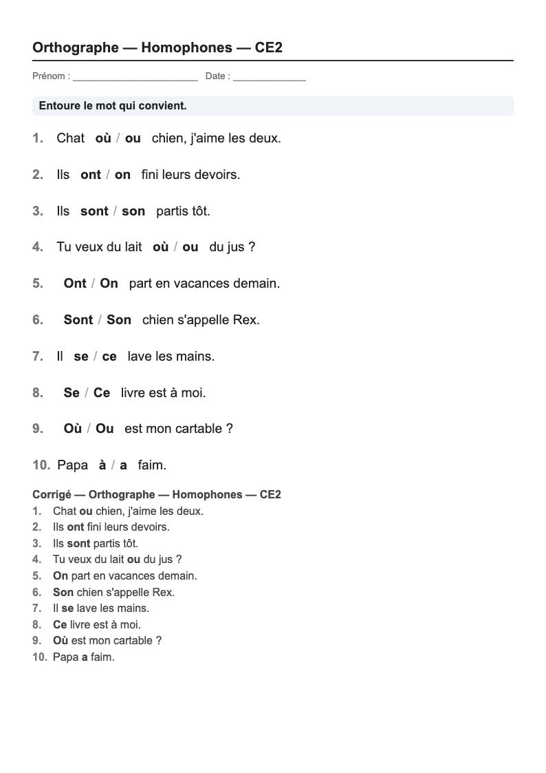 Orthographe — CE2 : les homophones (pour aller plus loin), fiches d'exercices à imprimer