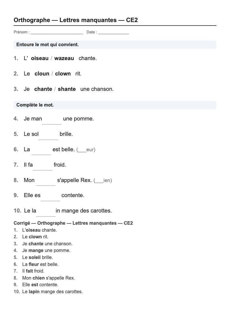Orthographe — CE2 : les lettres manquantes, fiches d'exercices à imprimer