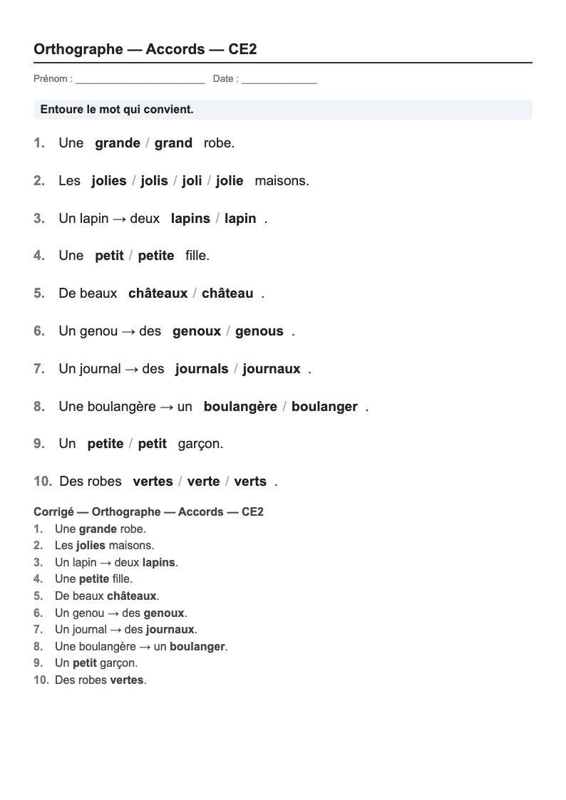 Orthographe — CE2 : fiches d'exercices à imprimer