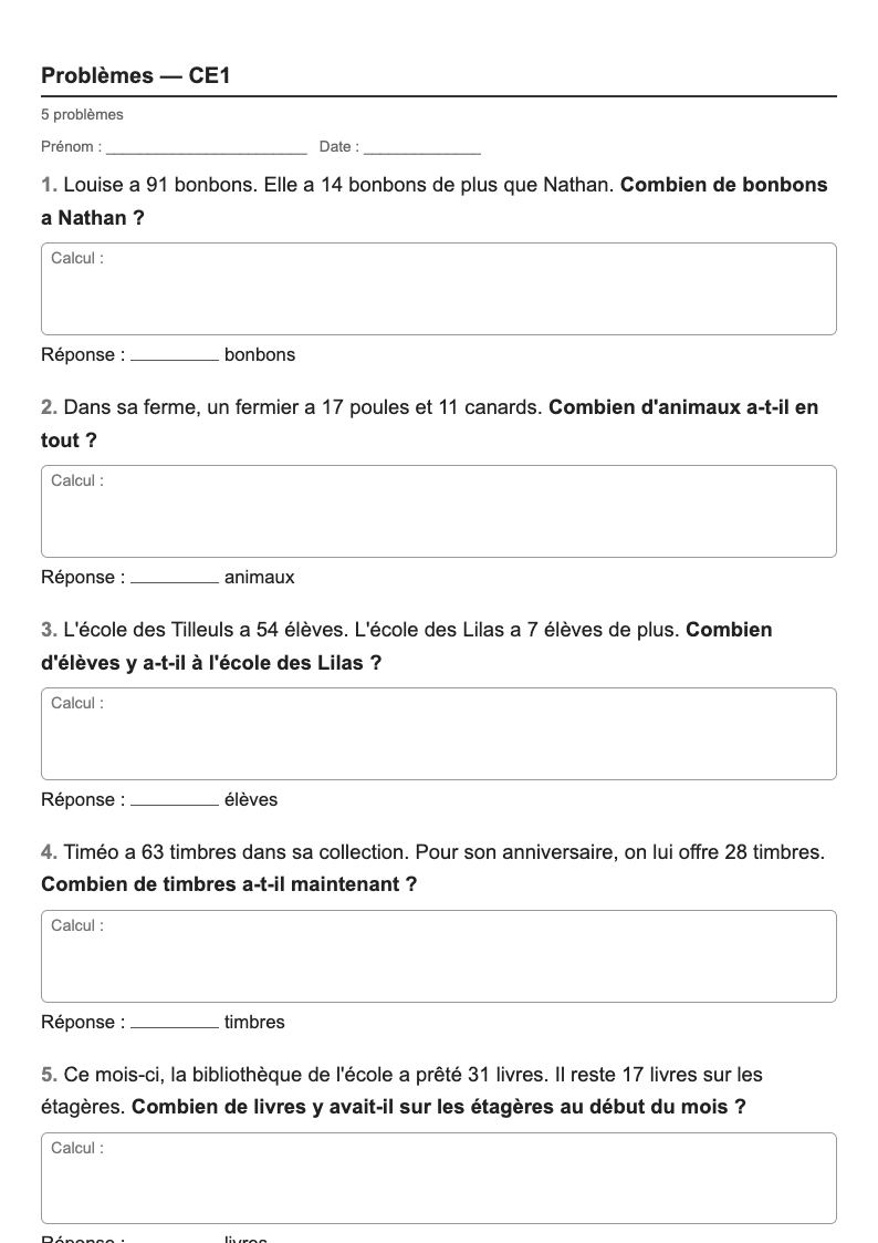 Problèmes — CE1 : problèmes d'addition et de soustraction, fiches d'exercices à imprimer