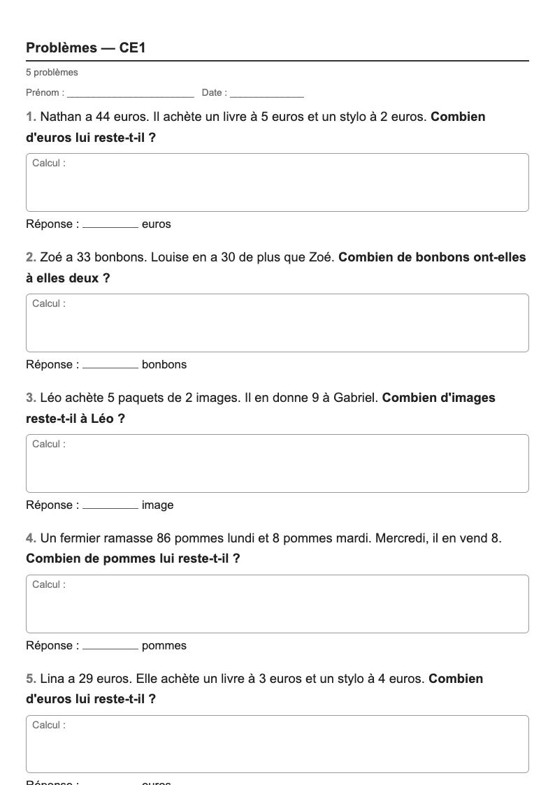 Problèmes — CE1 : problèmes en plusieurs étapes, fiches d'exercices à imprimer