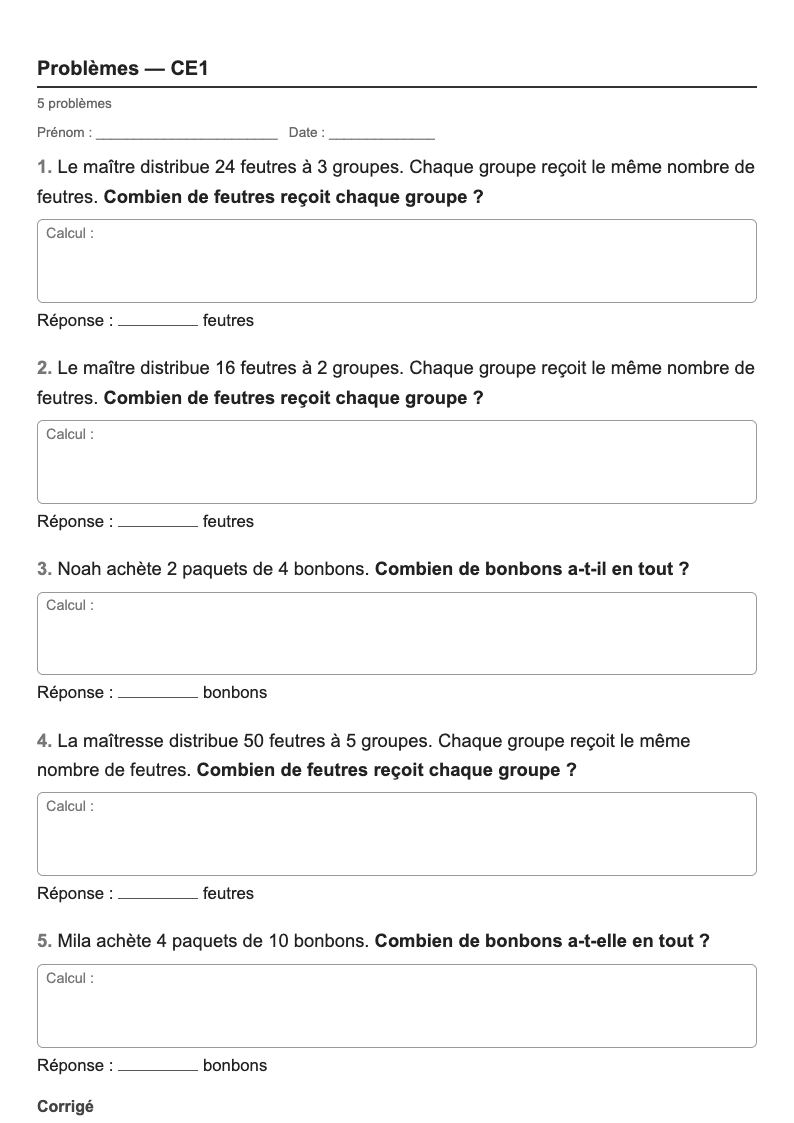 Problèmes — CE1 : problèmes de multiplication et de partage, fiches d'exercices à imprimer