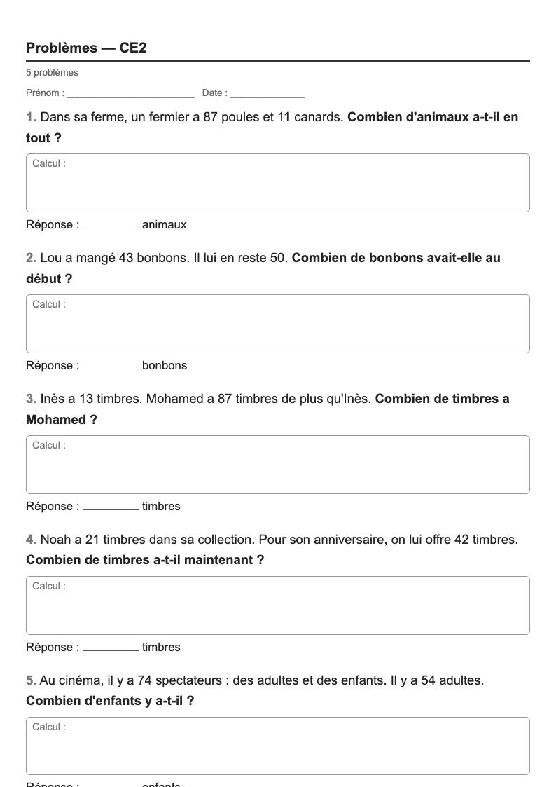 Problèmes — CE2 : problèmes d'addition et de soustraction, fiches d'exercices à imprimer