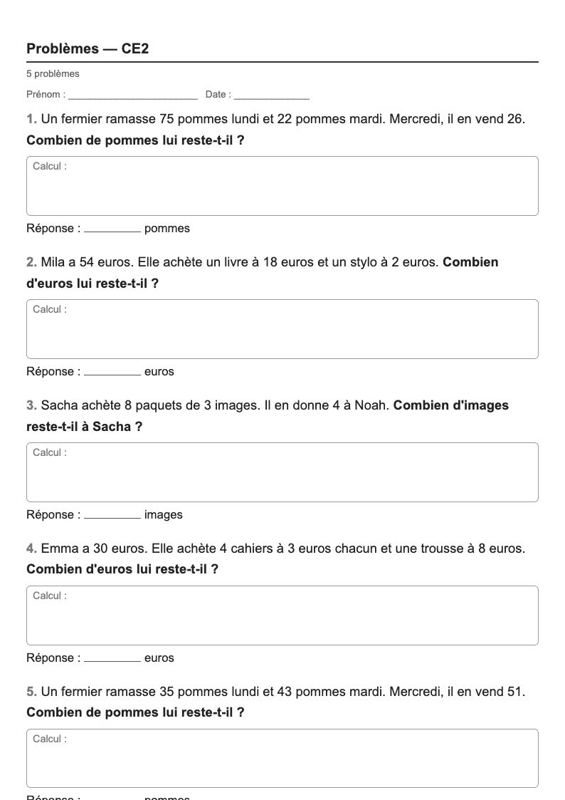 Problèmes — CE2 : problèmes en plusieurs étapes, fiches d'exercices à imprimer