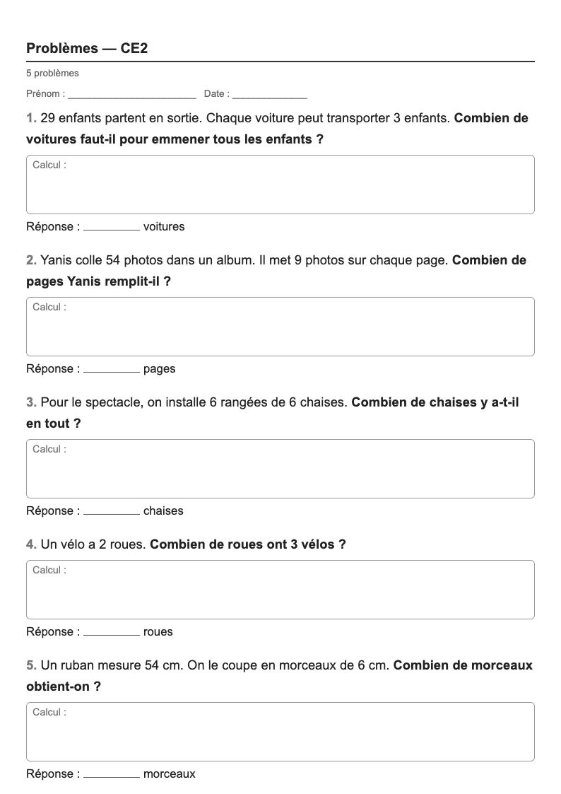 Problèmes — CE2 : problèmes de multiplication et de partage, fiches d'exercices à imprimer