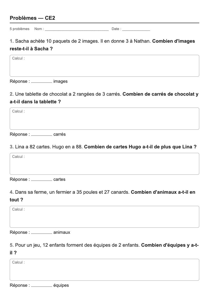 Problèmes — CE2 : fiches d'exercices à imprimer
