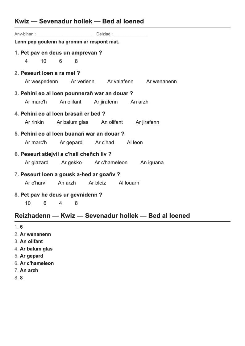 Quiz culture générale — CP → CM2 : fiches d'exercices à imprimer (consignes en breton)