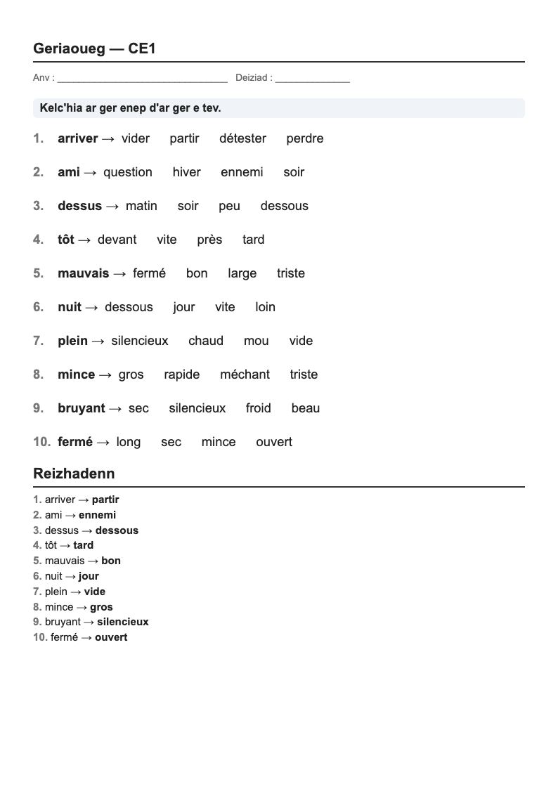 Vocabulaire — CE1 : fiches d'exercices à imprimer (consignes en breton)