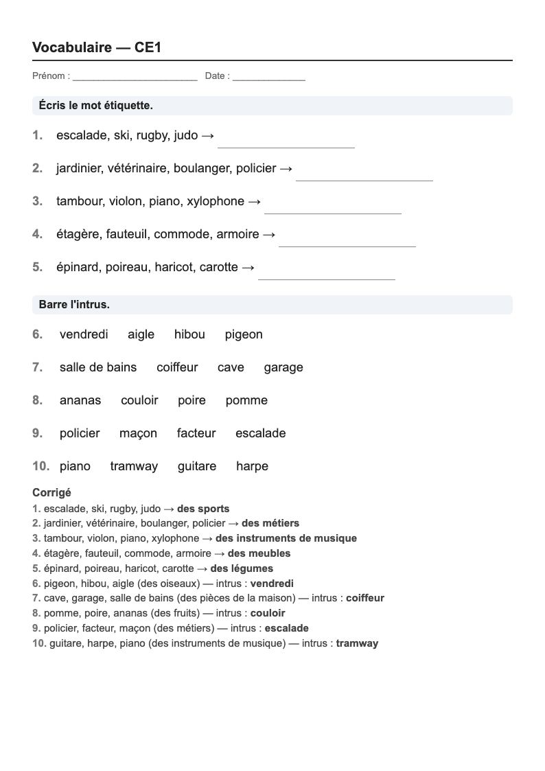 Vocabulaire — CE1 : les catégories de mots, fiches d'exercices à imprimer