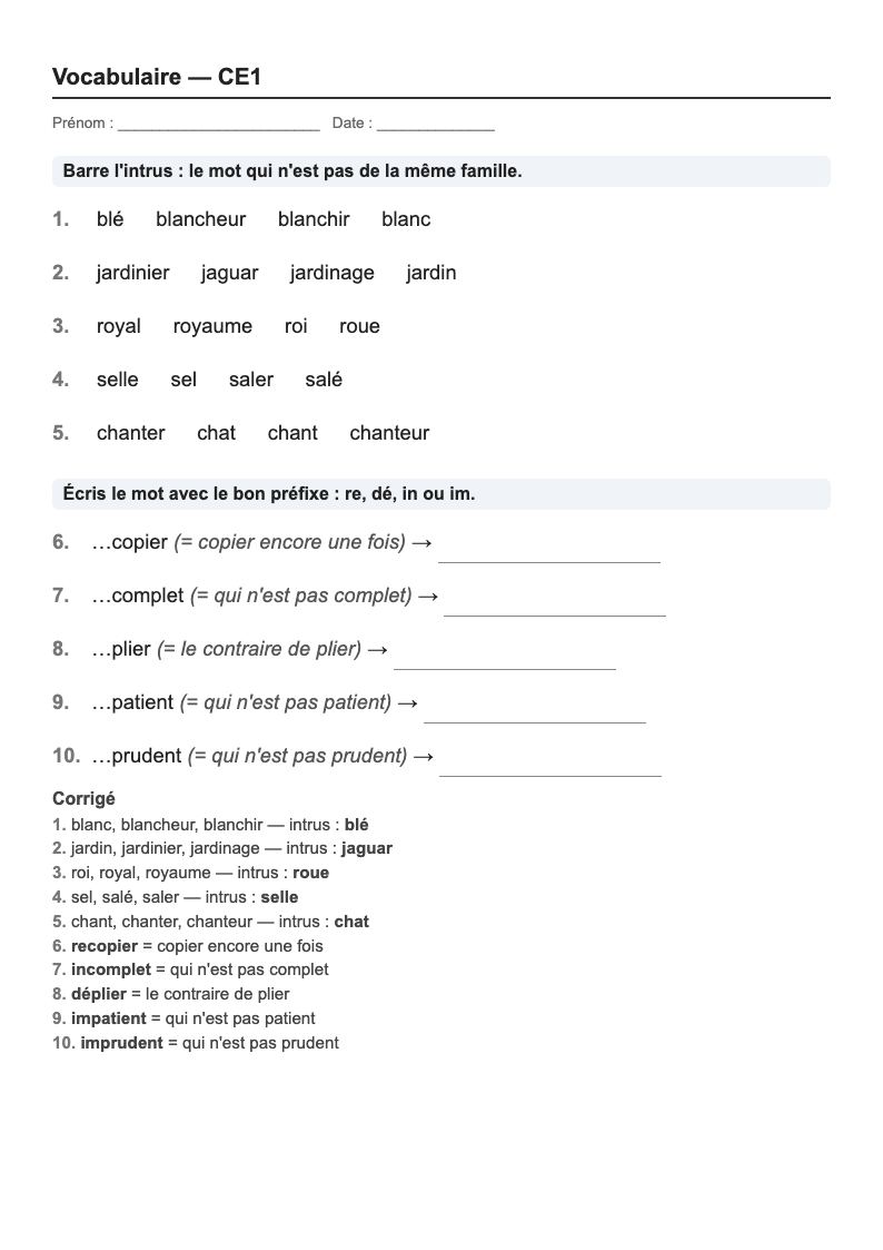Vocabulaire — CE1 : familles de mots, préfixes et suffixes, fiches d'exercices à imprimer