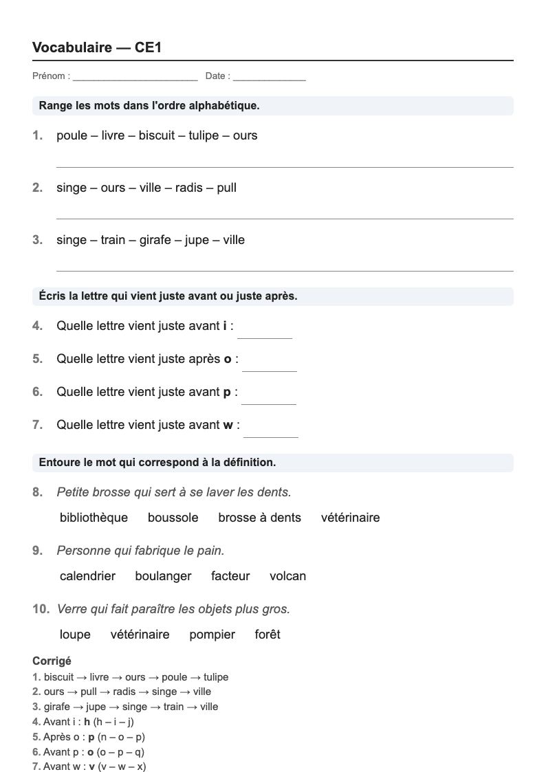Vocabulaire — CE1 : l'ordre alphabétique et le dictionnaire, fiches d'exercices à imprimer