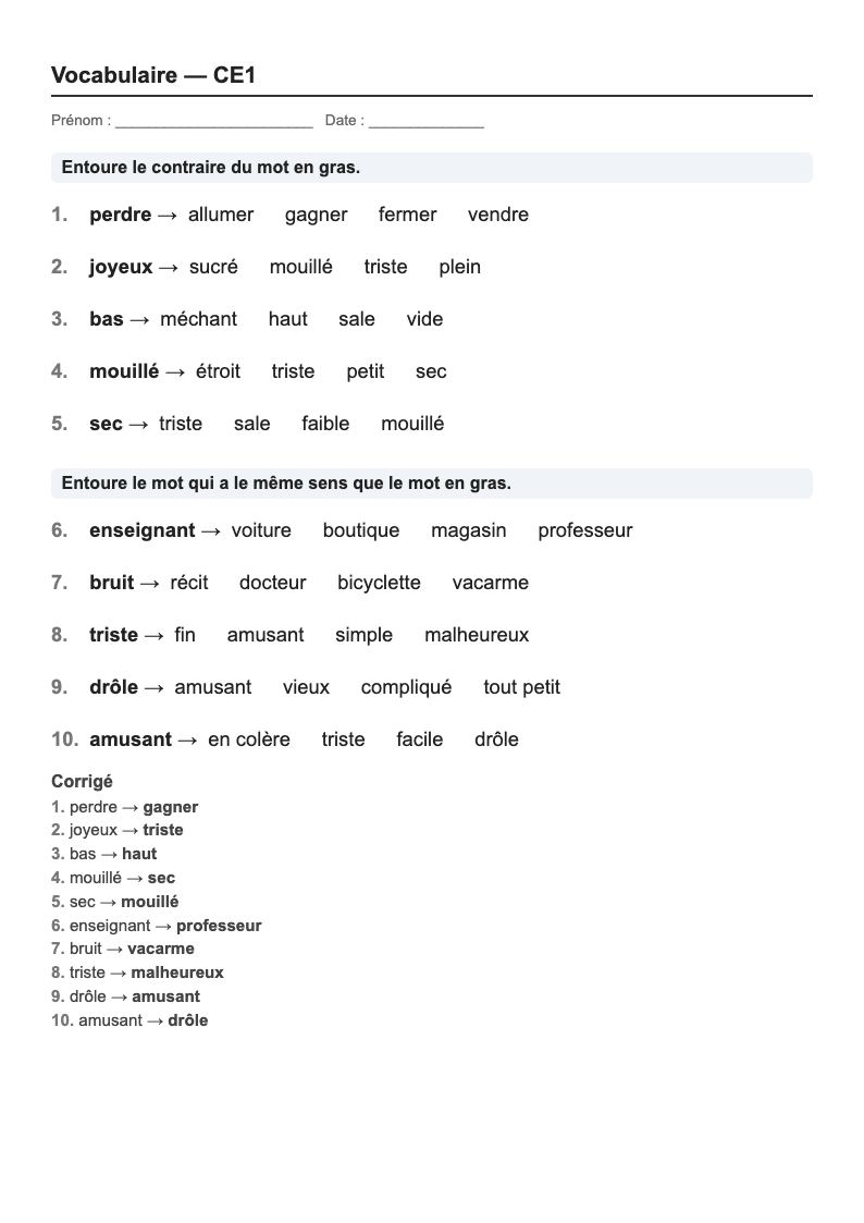 Vocabulaire — CE1 : le sens des mots, fiches d'exercices à imprimer
