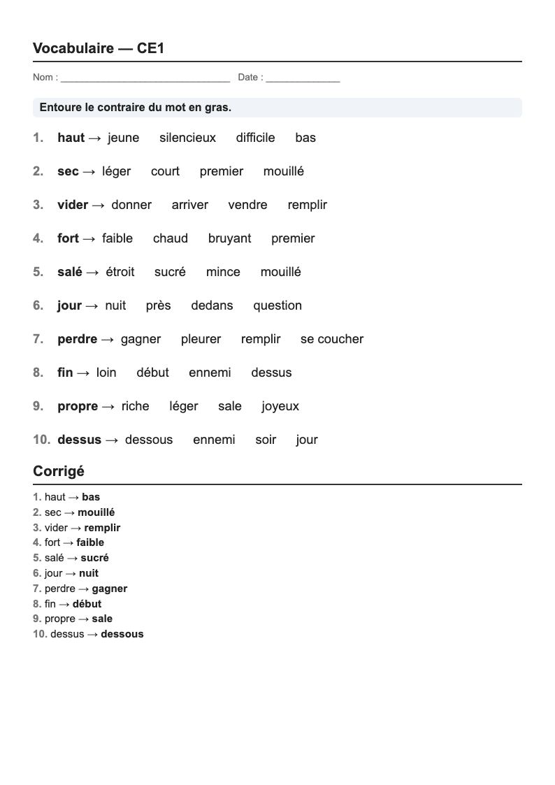 Vocabulaire — CE1 : fiches d'exercices à imprimer