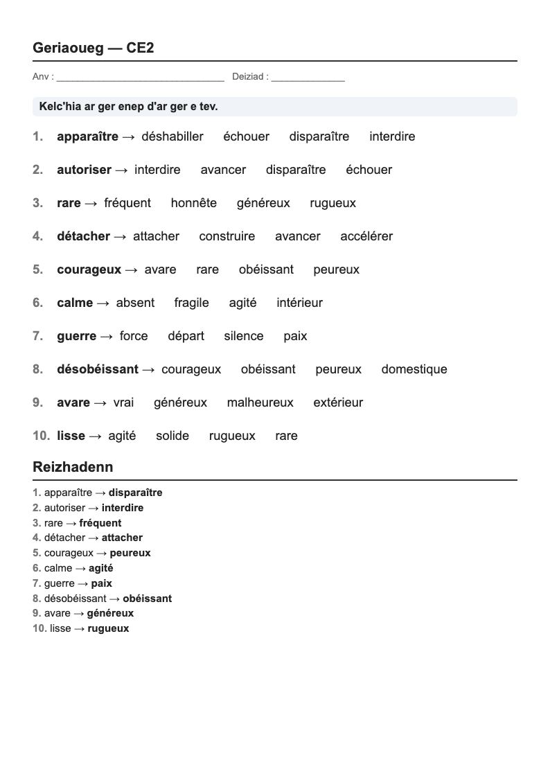 Vocabulaire — CE2 : fiches d'exercices à imprimer (consignes en breton)