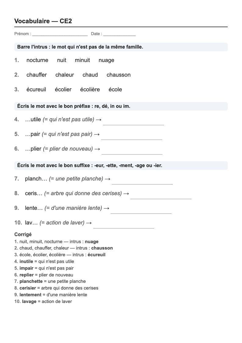 Vocabulaire — CE2 : familles de mots, préfixes et suffixes, fiches d'exercices à imprimer