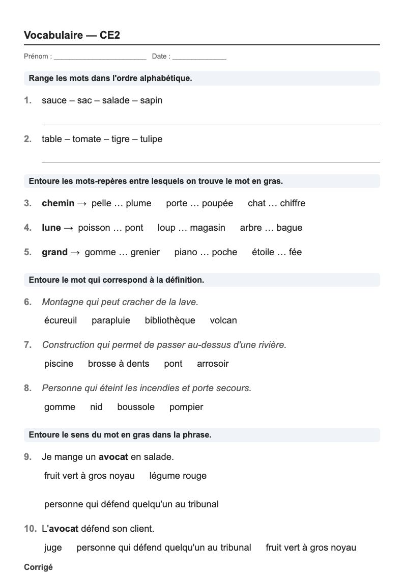Vocabulaire — CE2 : l'ordre alphabétique et le dictionnaire, fiches d'exercices à imprimer