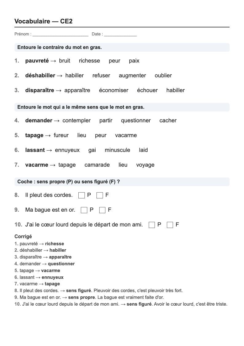 Vocabulaire — CE2 : le sens des mots, fiches d'exercices à imprimer