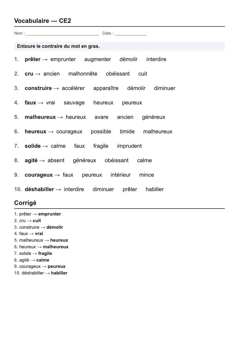 Vocabulaire — CE2 : fiches d'exercices à imprimer