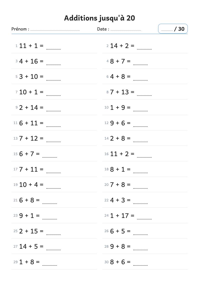 Fiche de calcul : additions jusqu'à 20