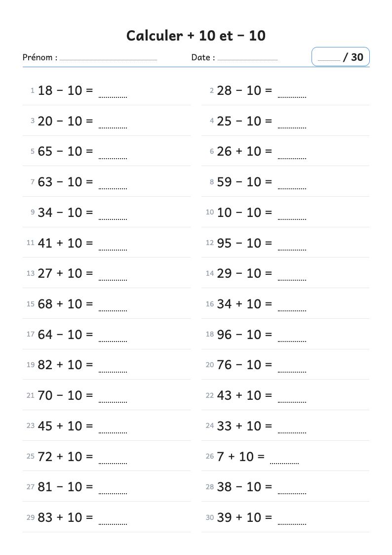 Fiche de calcul : ajouter 10 et retirer 10