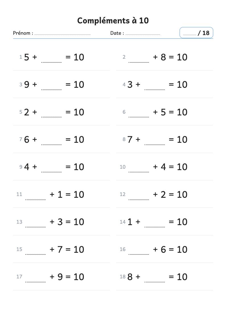 Aperçu : Fiche de calcul : les compléments à 10