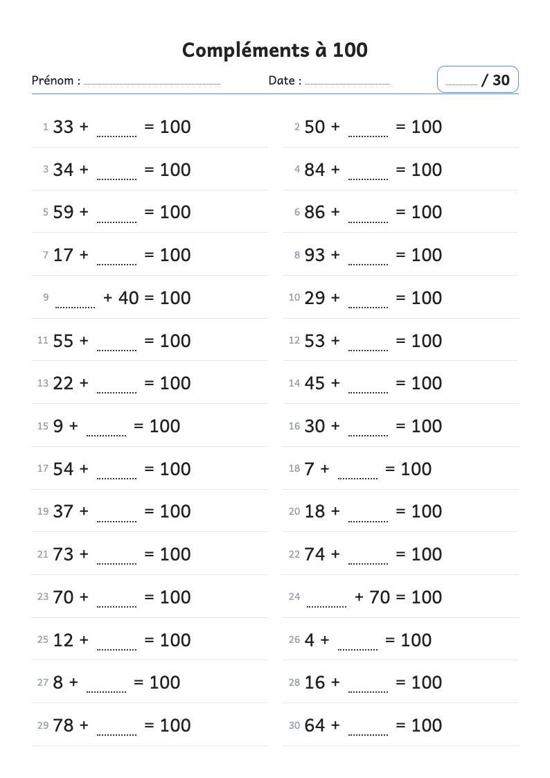 Aperçu : Fiche de calcul : les compléments à 100