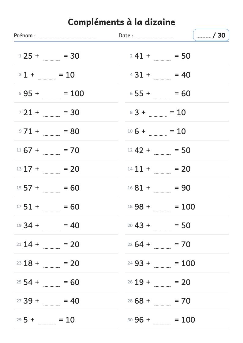 Fiche de calcul : compléter à la dizaine supérieure