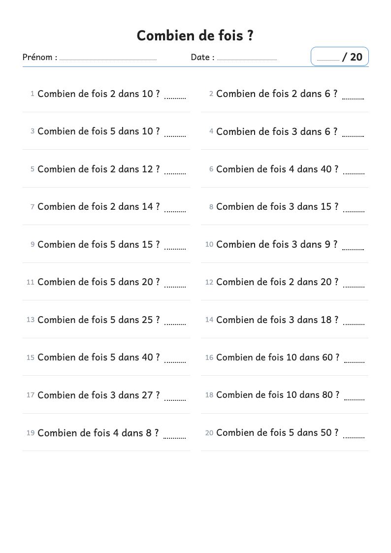 Fiche de calcul : combien de fois ? (divisions CE2)