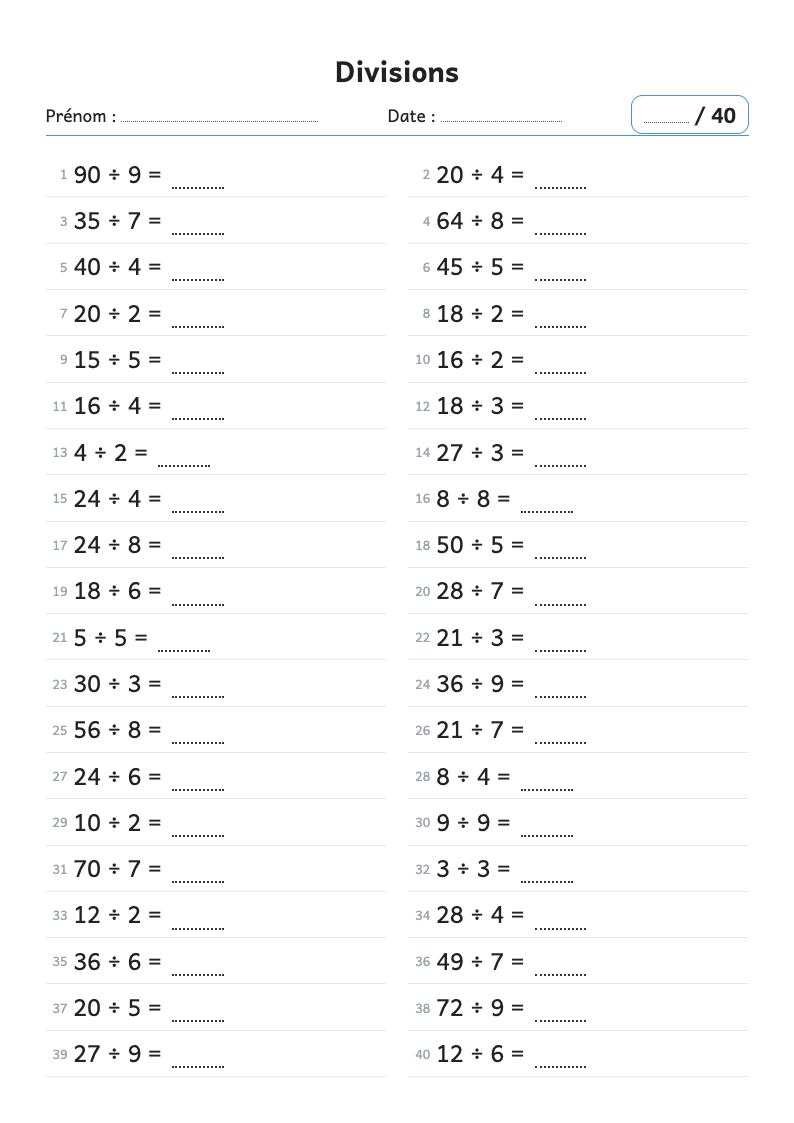 Fiche de calcul : divisions avec le signe ÷ (CM1)