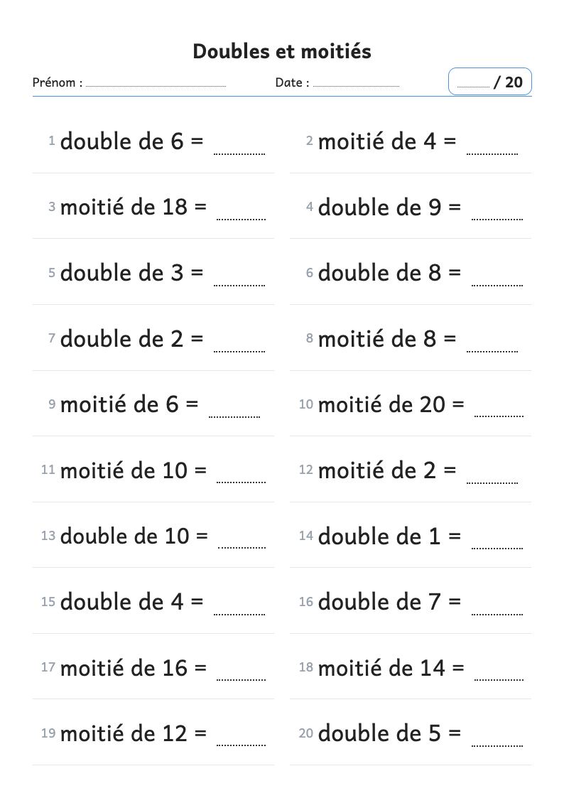 Fiche de calcul : doubles et moitiés (CP)