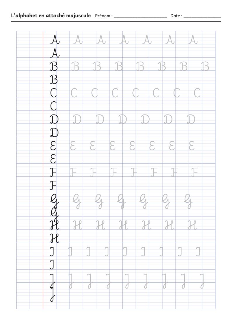 Fiches d'écriture : l'alphabet en attaché majuscule