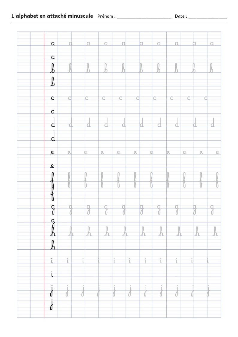 Fiches d'écriture : l'alphabet en attaché minuscule