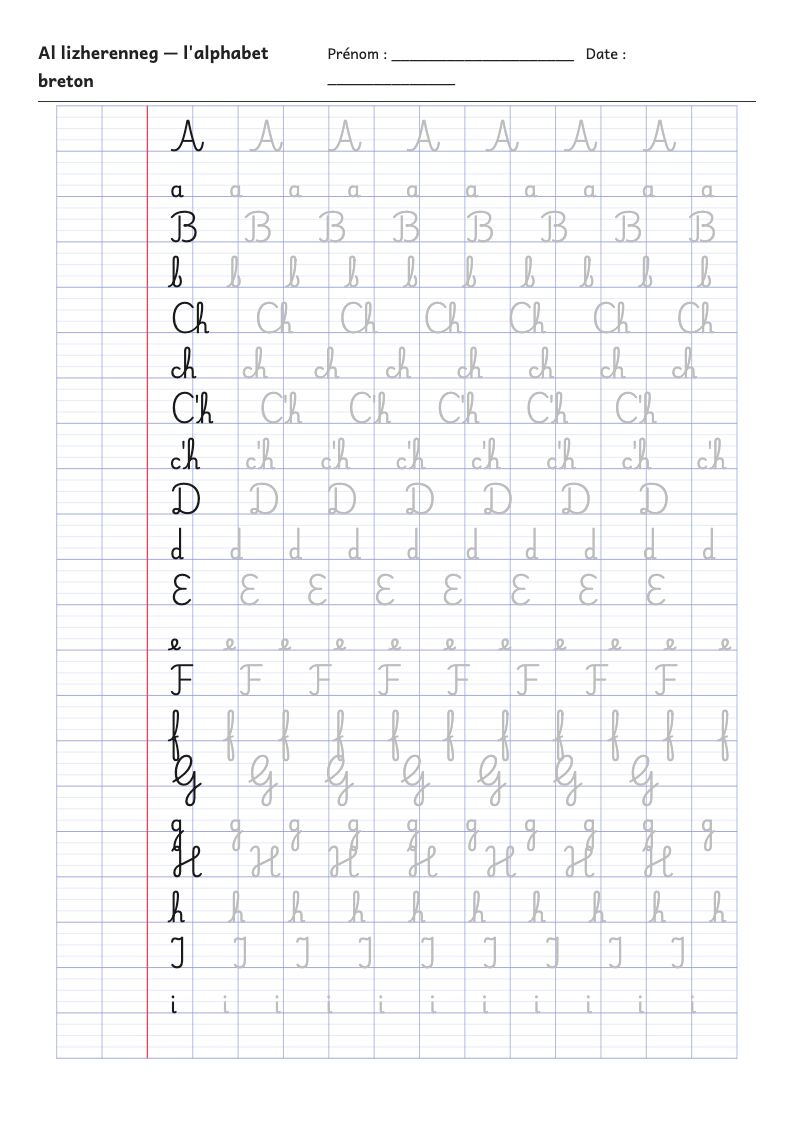 Fiche d'écriture : l'alphabet breton (lizherenneg) en attaché