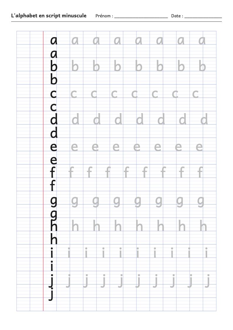 Fiches d'écriture : l'alphabet en script minuscule