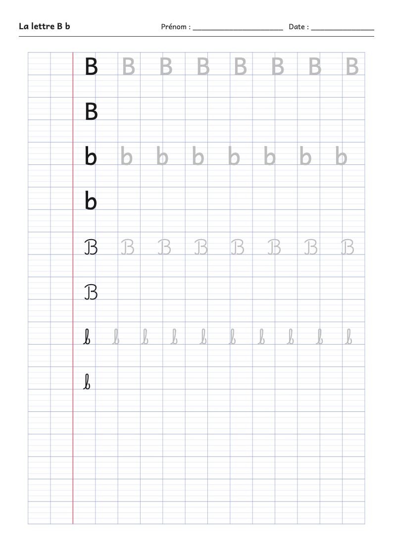 Fiche d'écriture : la lettre B (script et attaché)