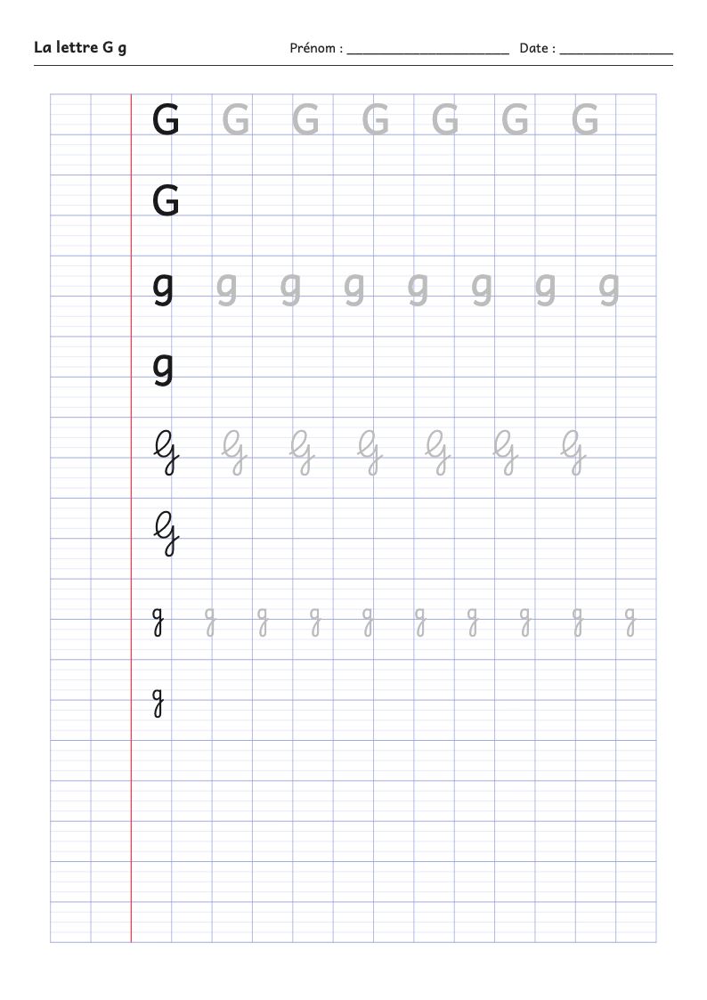 Fiche d'écriture : la lettre G (script et attaché)