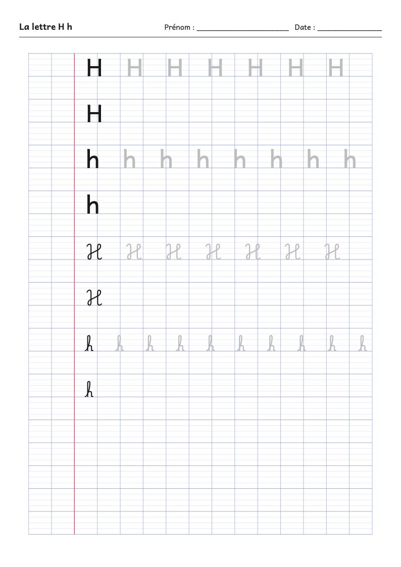 Fiche d'écriture : la lettre H (script et attaché)