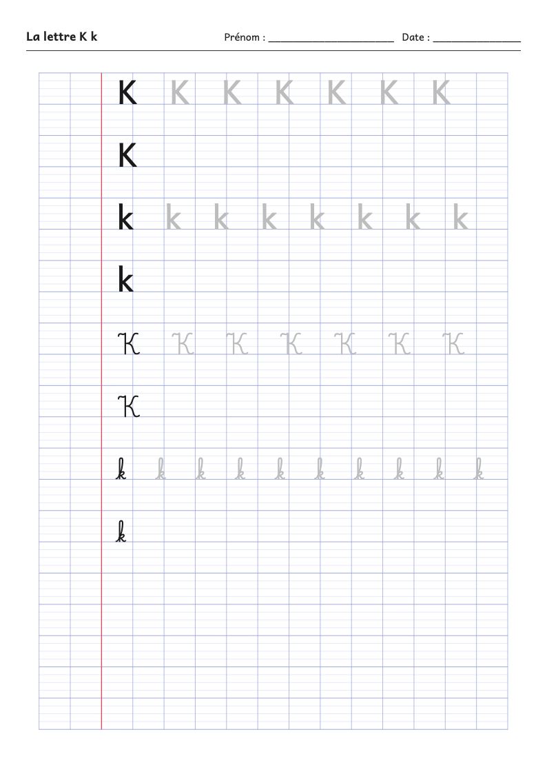 Fiche d'écriture : la lettre K (script et attaché)