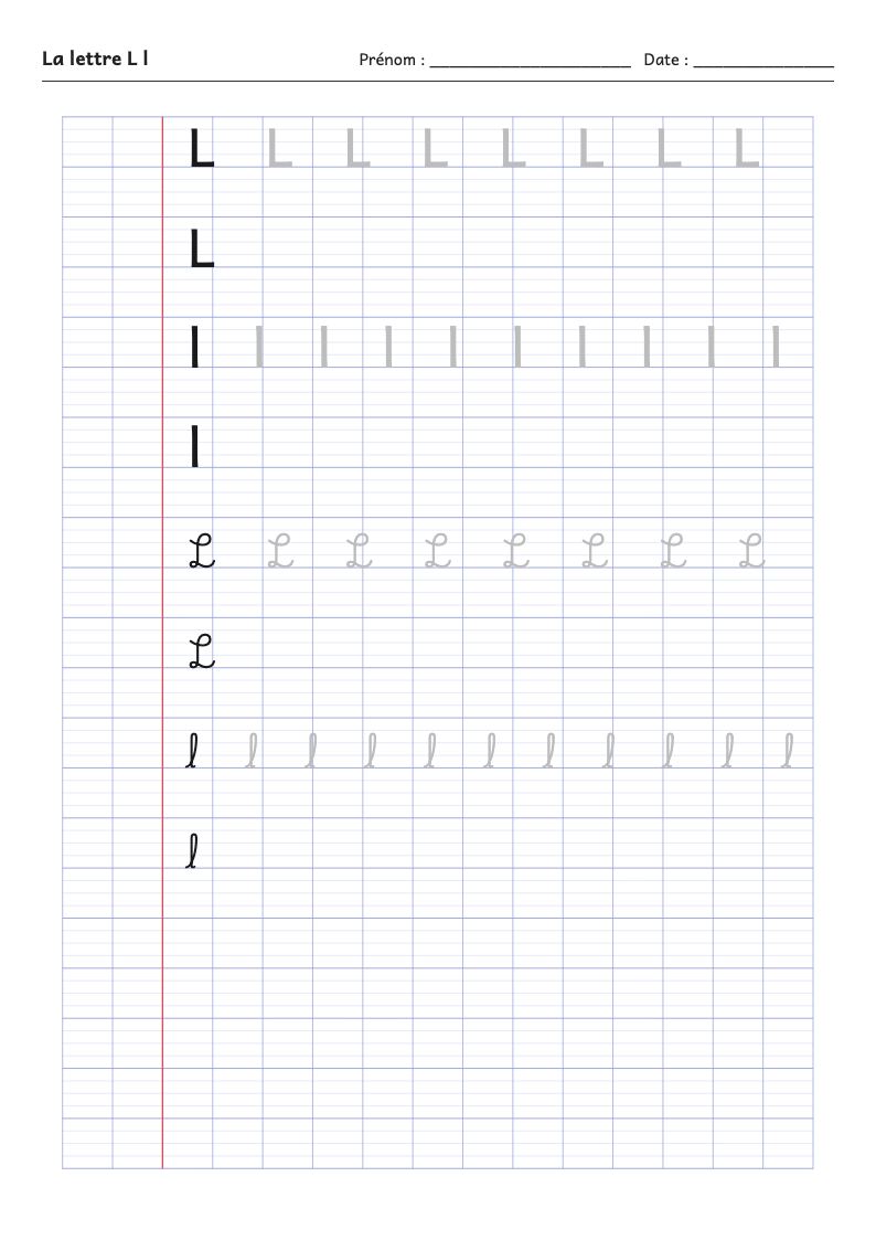Fiche d'écriture : la lettre L (script et attaché)