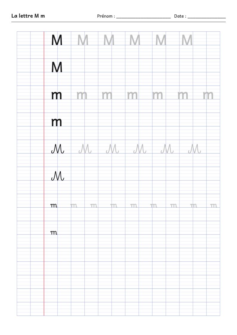 Fiche d'écriture : la lettre M (script et attaché)