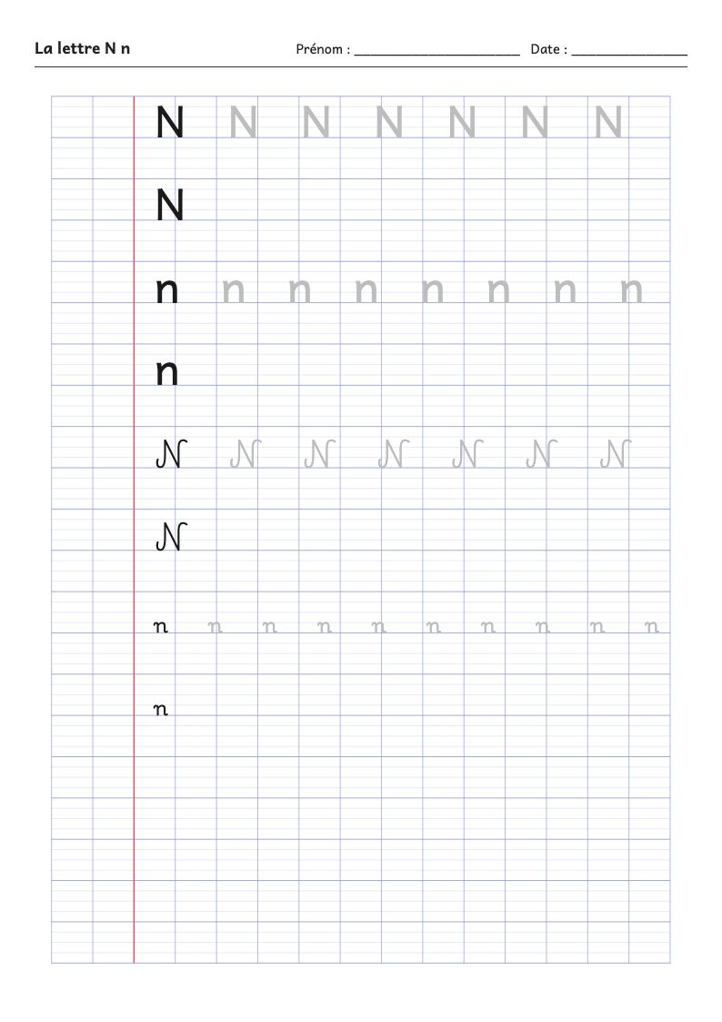 Fiche d'écriture : la lettre N (script et attaché)