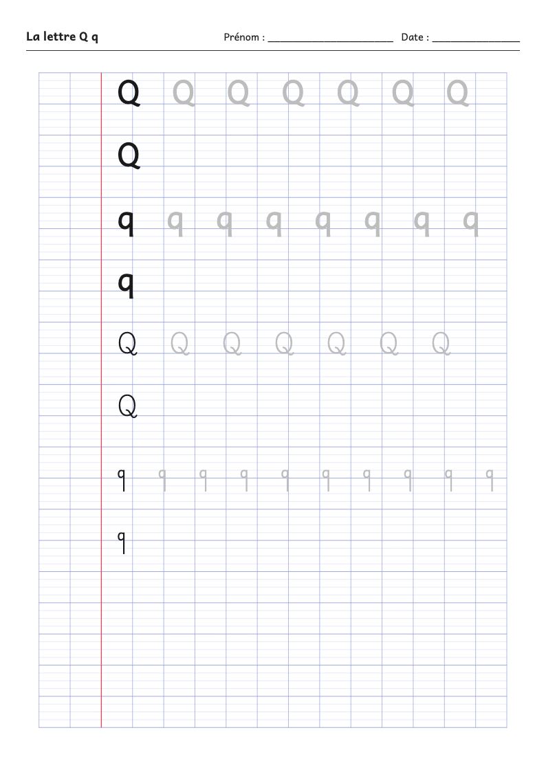 Fiche d'écriture : la lettre Q (script et attaché)