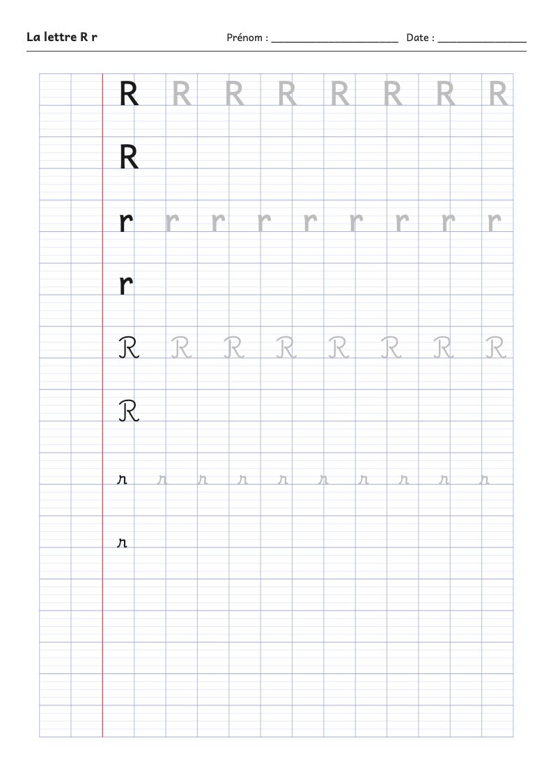 Fiche d'écriture : la lettre R (script et attaché)