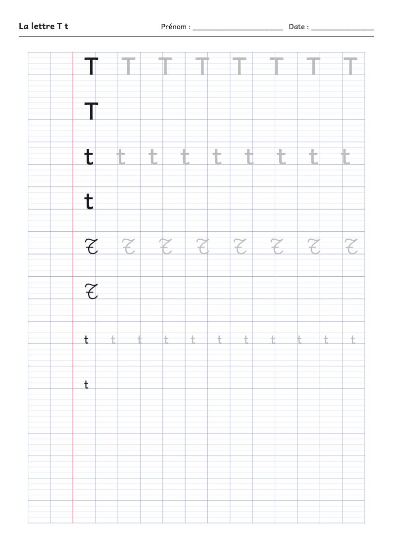 Fiche d'écriture : la lettre T (script et attaché)