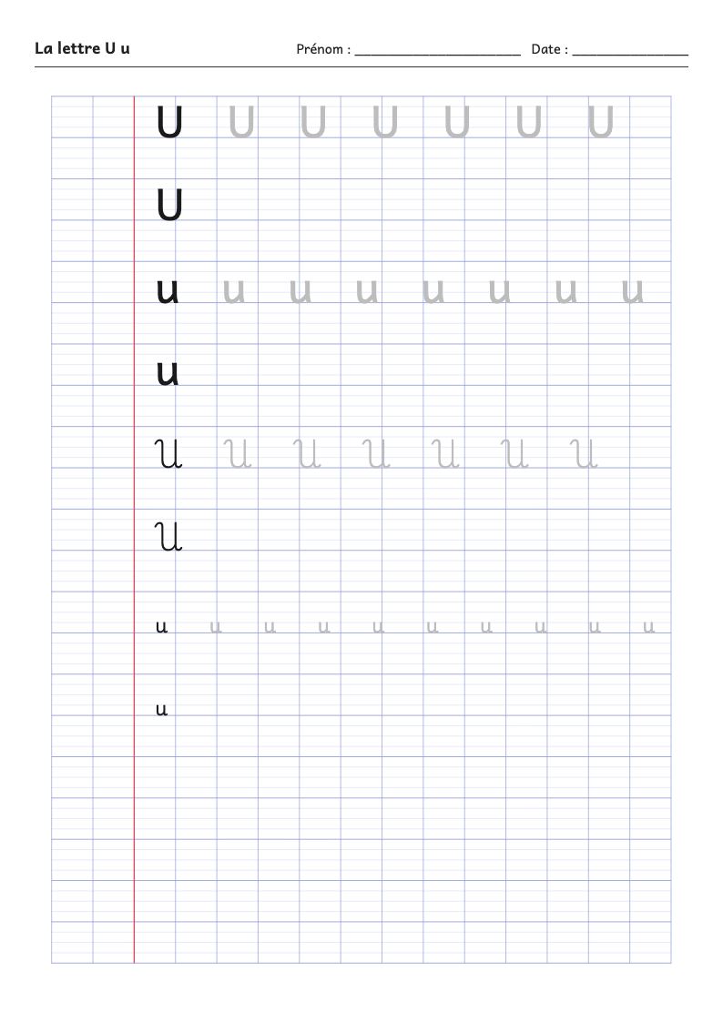 Fiche d'écriture : la lettre U (script et attaché)