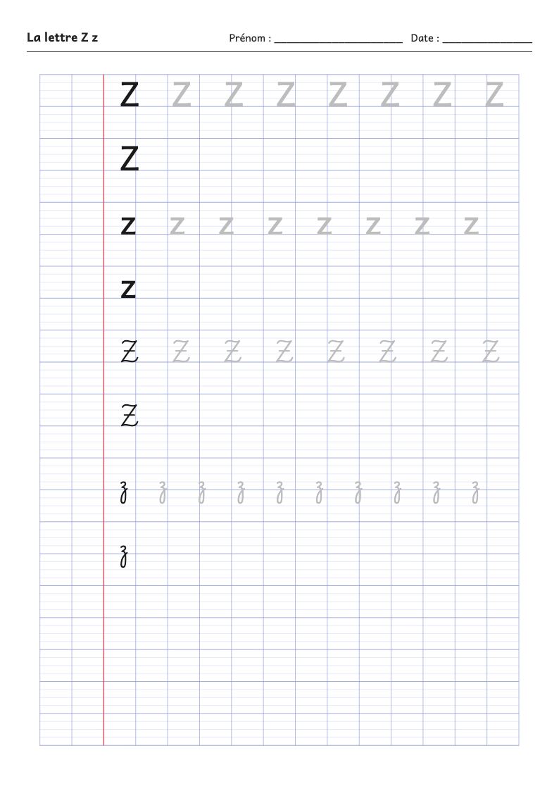 Fiche d'écriture : la lettre Z (script et attaché)