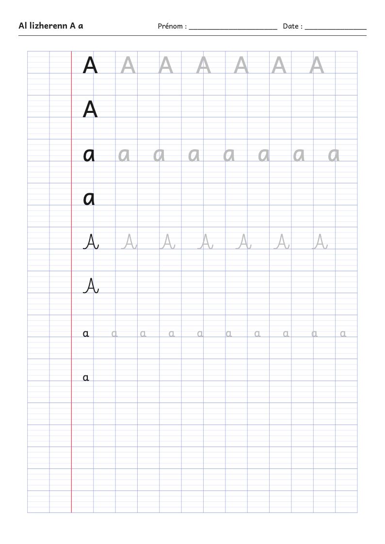 Fiche d'écriture : la lettre A de l'alphabet breton