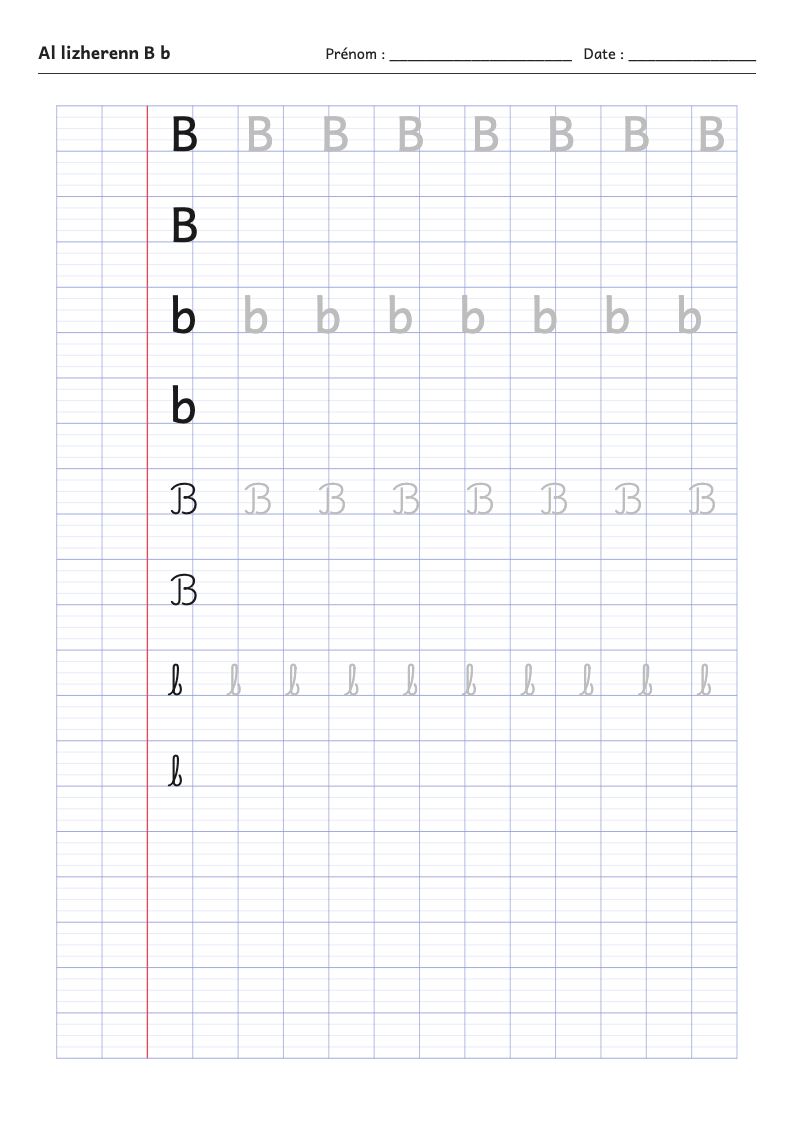 Fiche d'écriture : la lettre B de l'alphabet breton